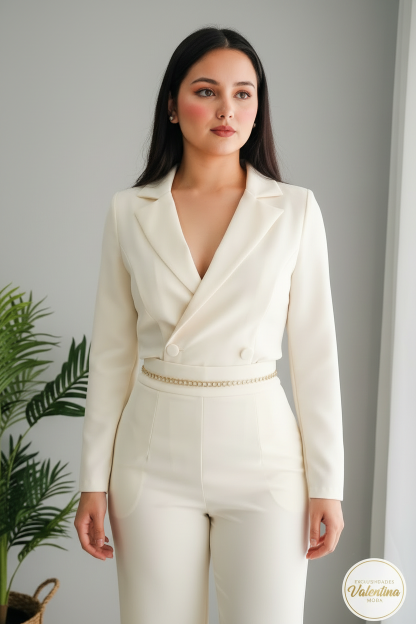 Conjunto 2 Piezas Blanco Crema Blazer Cropped y Palazzo cod.00144