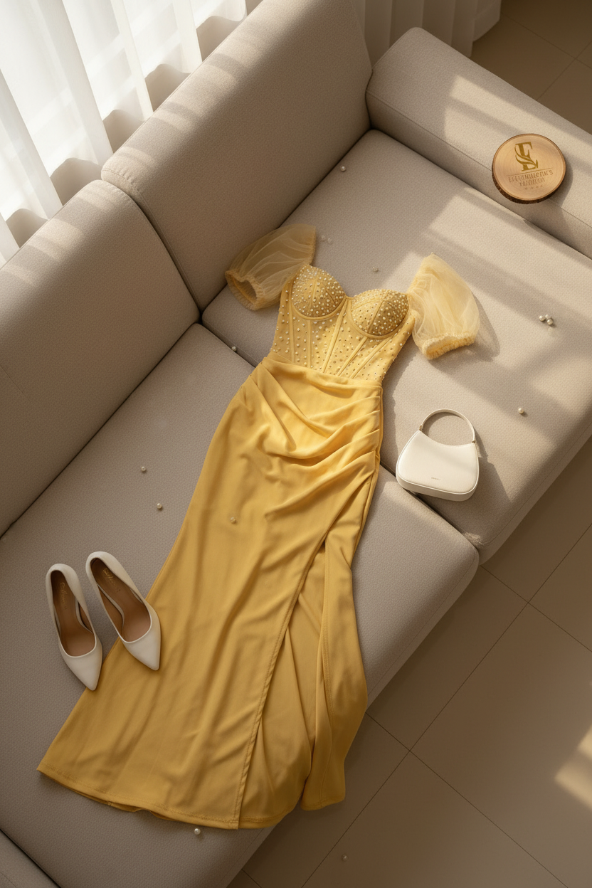 Vestido Formal Amarillo Dorado Corset de Perlas con Mangas de Tul y Abertura cod.522