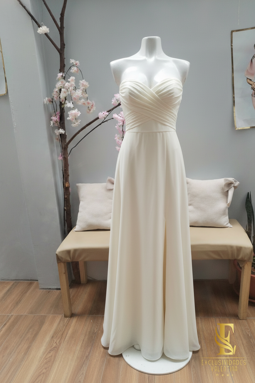 Vestido Ivory Strapless Escote Corazón con Gasa y Abertura cod.V282