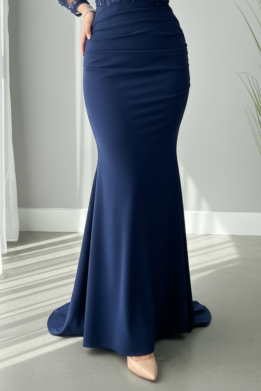 Vestido Azul Marino Sirena Manga Larga Tul Flores 3D Perlas cod.V687