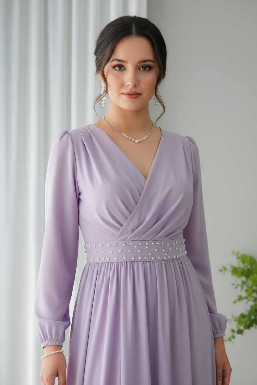 Vestido Lavanda — Escote V Cruzado, Perlas & Abertura cod.861