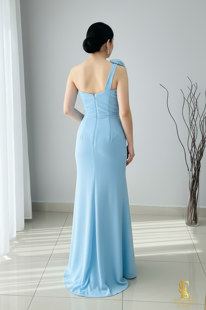 Vestido Azul Cielo Sirena Un Hombro Rosa 3D Perlas Abertura cod.V336