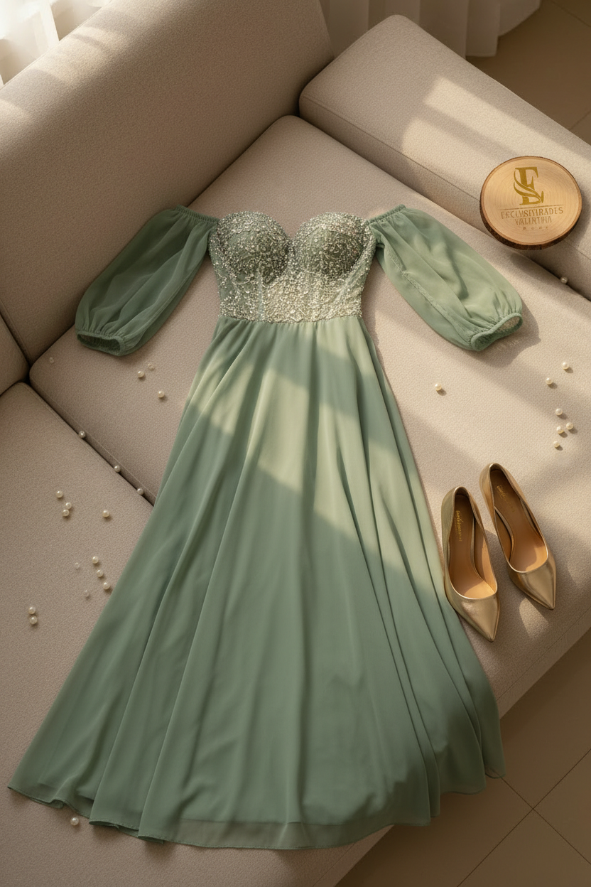 Vestido Formal Verde Salvia Off-Shoulder con Cuerpo de Pedrería cod.550
