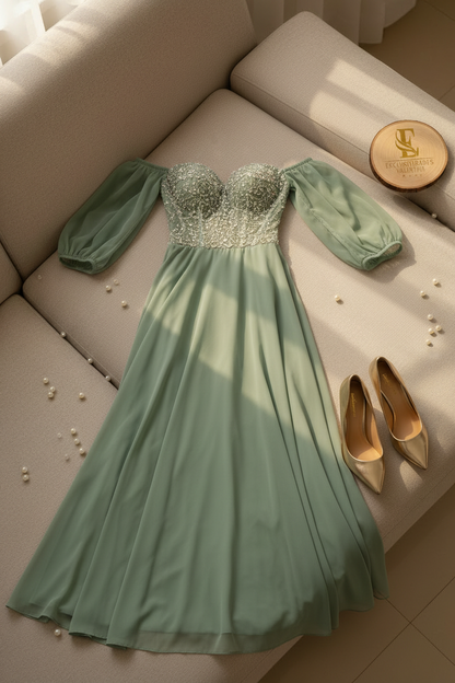 Vestido Formal Verde Salvia Off-Shoulder con Cuerpo de Pedrería cod.550
