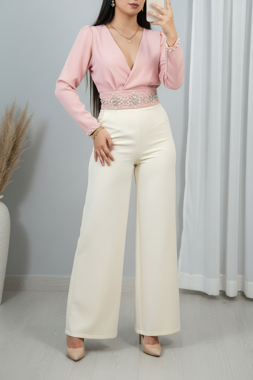 Conjunto Dos Piezas B. Rosa Cruzada y P. Crema con Cinturón Floral de Pedrería cod.C605