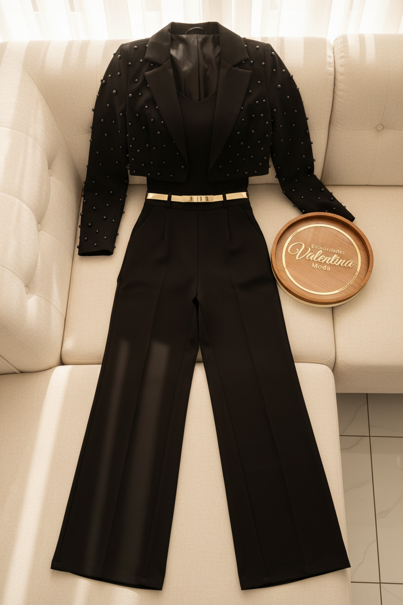 Conjunto Negro Blazer Corto con Perlas y Pantalón Palazzo cod.643