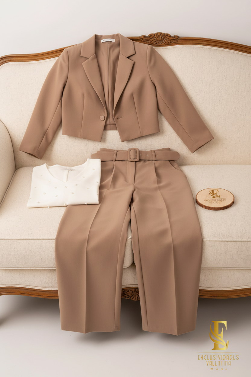 Conjunto Camel Blazer Crop Manga 3/4 Pantalón Palazzo Cinturón cod.0016