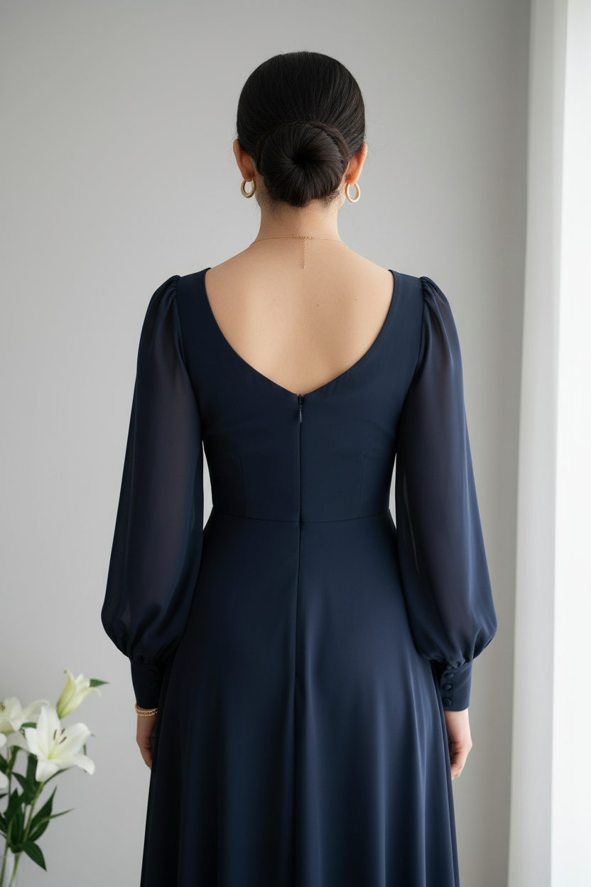 Vestido azul marino manga larga gasa C.1929