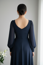 Vestido azul marino manga larga gasa C.1929