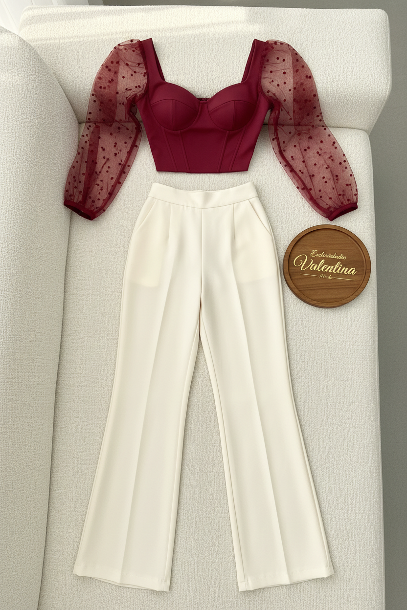Conjunto Vino Corset con Mangas Tul de Puntos y Pantalón Crema cod.653