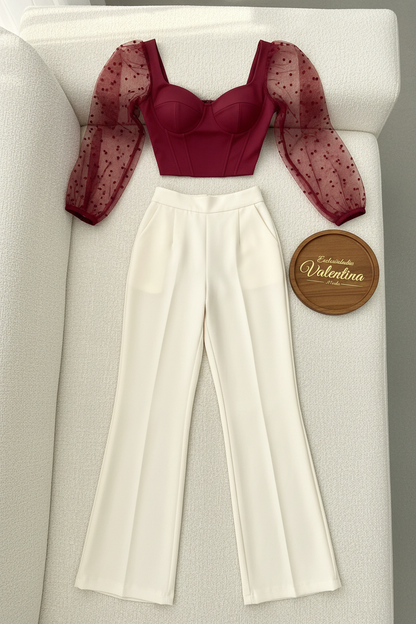 Conjunto Vino Corset con Mangas Tul de Puntos y Pantalón Crema cod.653