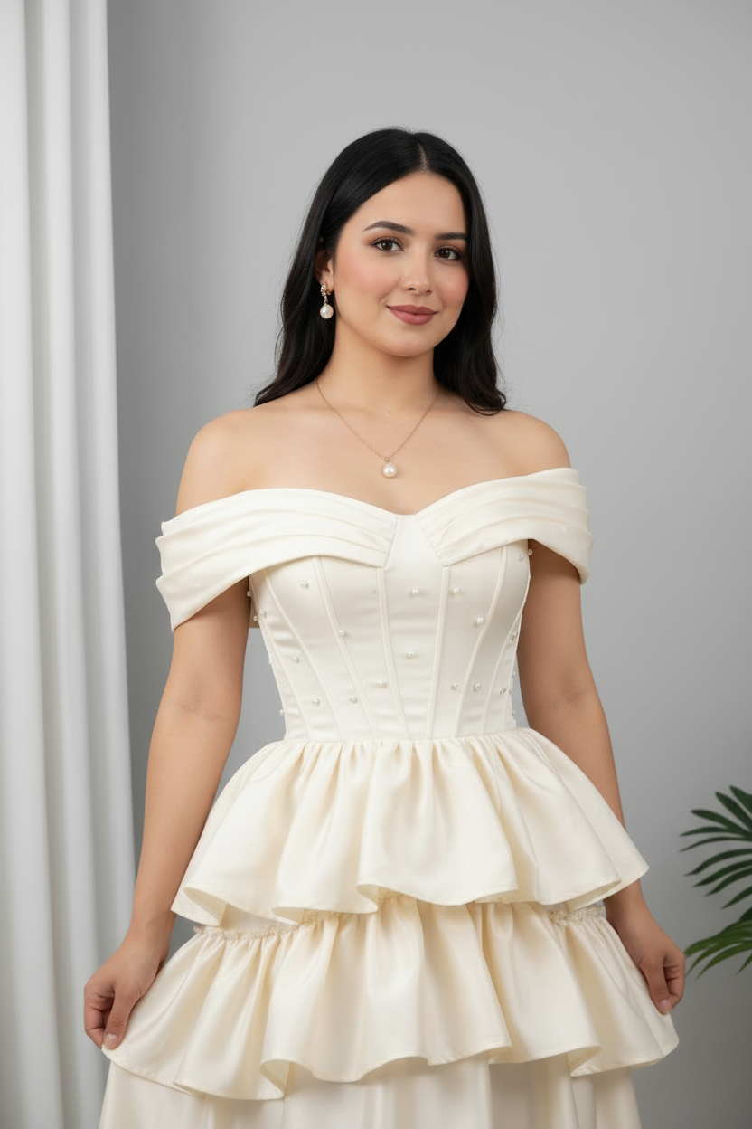 Vestido Ivory Volantes Off-Shoulder cod.993