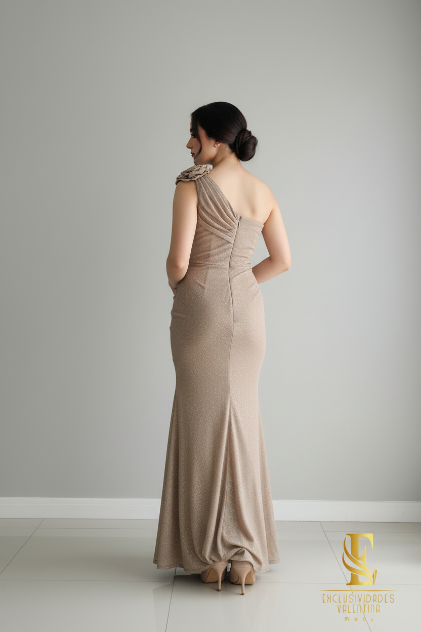 Vestido Champagne One Shoulder Rose Sirena cod.V226