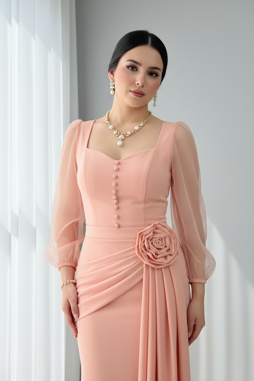 Vestido Sirena Rosa Palo — Escote Corazón, Botones Dorados, Manga Tul & Rosa 3D Cintura cod.887