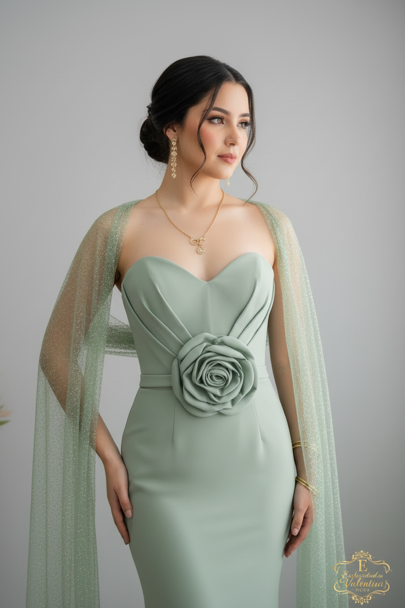 Vestido Sirena Verde Sage Rosa 3D Capa Tul cod.917