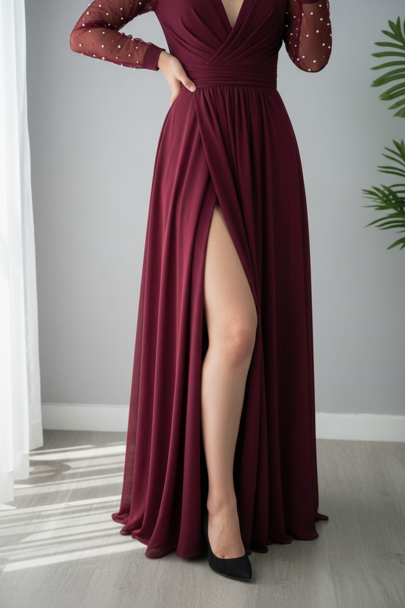 Vestido Vino Borgoña Manga Larga Tul Perlas Abertura cod.V694