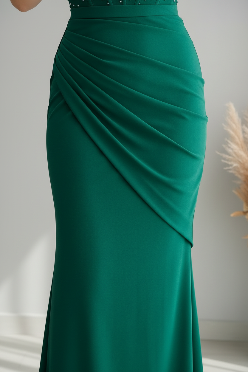 Vestido Verde Esmeralda Sirena con Corset de Perlas y Drapeado cod.V781
