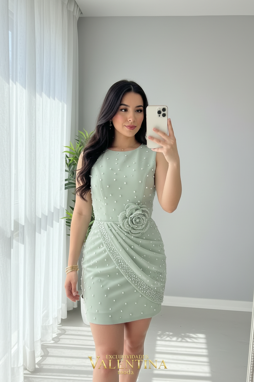 Vestido Verde Menta Corto Rosa 3D y Perlas cod.V735