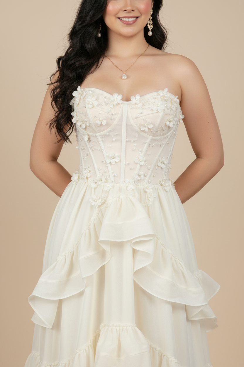 Vestido Ivory Strapless Corsé Flores 3D con Falda Capas Organza Maxi cod.985