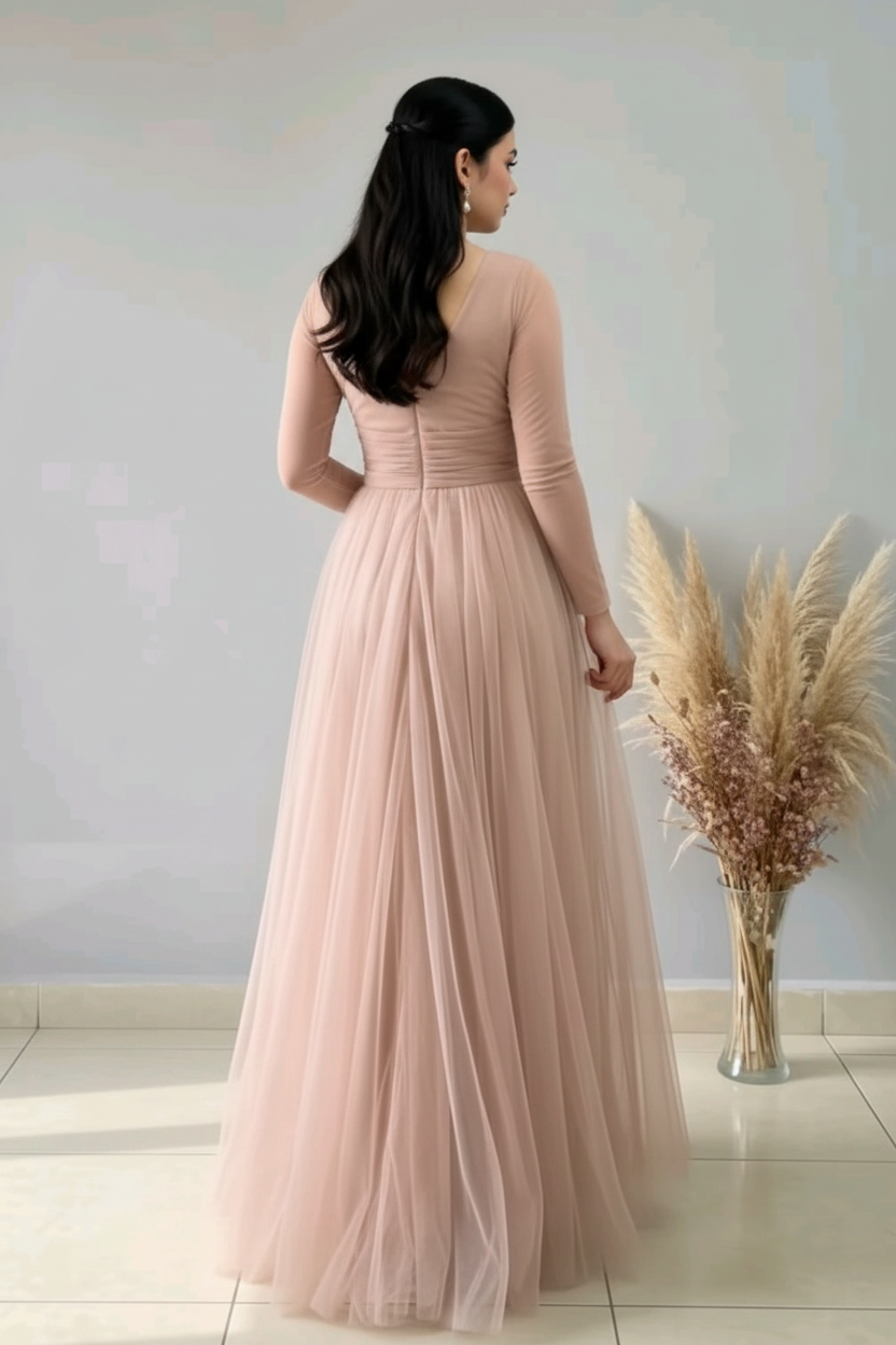 Vestido Rosa Palo Tul Escote V Cruzado cod.V0014