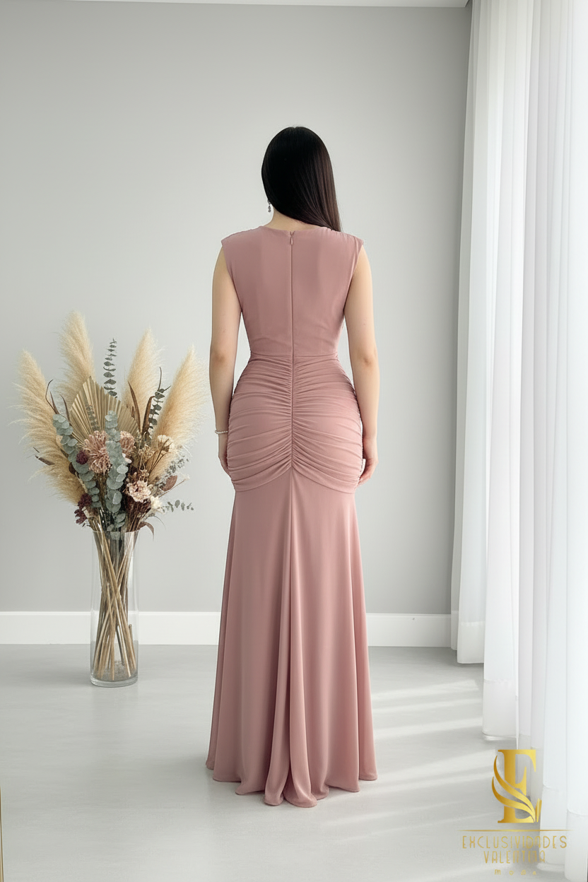 Vestido Rosa Palo | V-Neck Sin Mangas Drapeado Cruzado y Volantes cod.V449