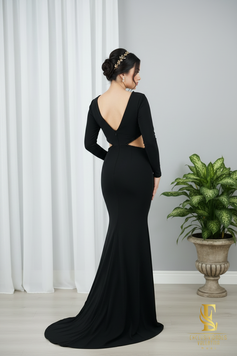 Vestido Negro Perlas Manga Larga cod.998