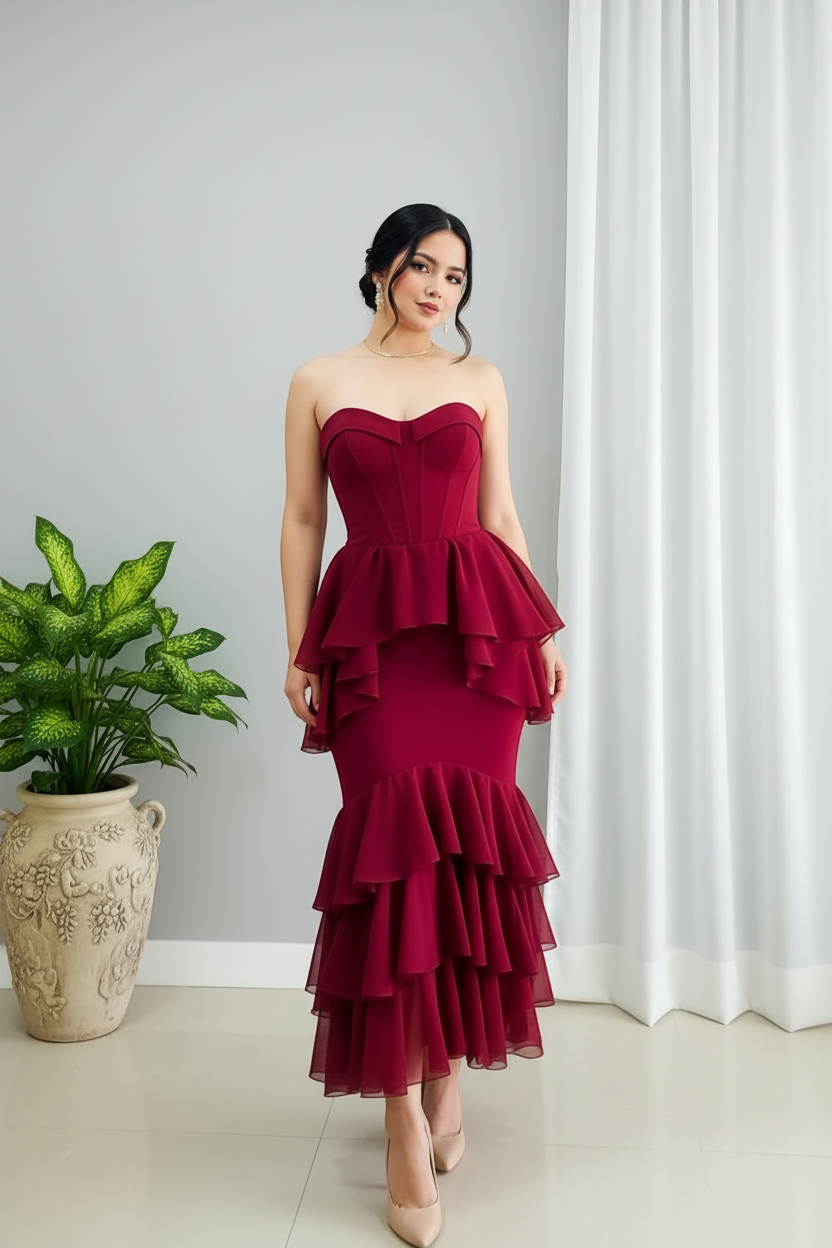 Vestido Midi Vino — Escote Corazón Strapless, Corsé Estructurado & Volantes Escalonado cod.900