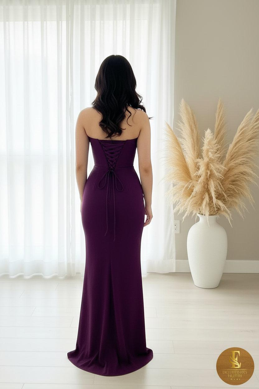 Vestido Morado Ciruela Strapless Sirena Tiras Abertura cod.00104