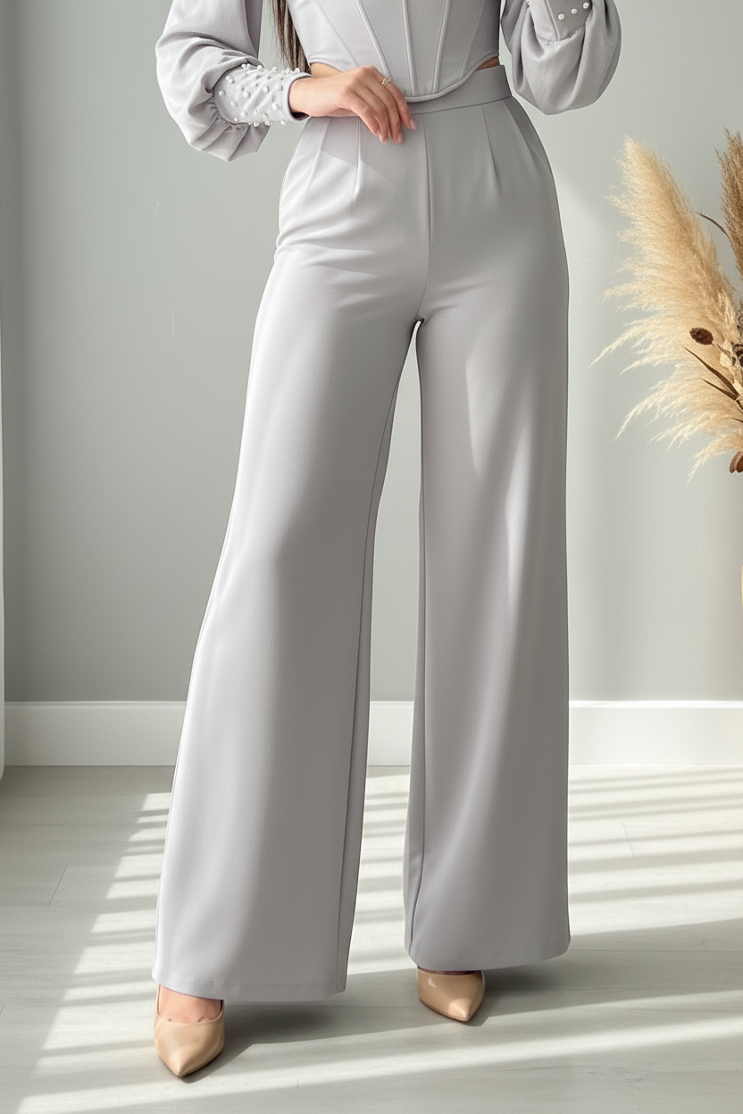 Conjunto Gris Perla Corset + Pantalón Palazzo con Mangas Abullonadas y Perlas cod.C779