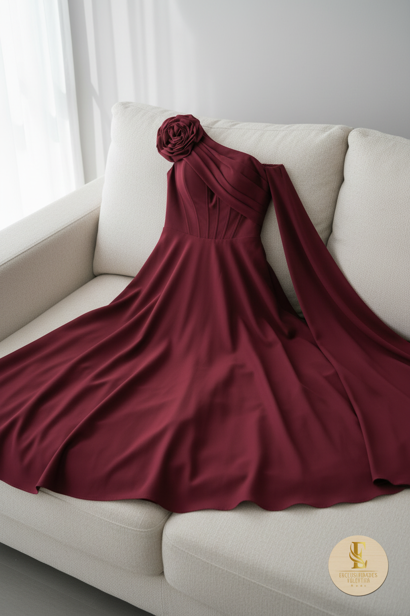 Vestido Vino Tinto Un Hombro con Capa y Rosa D cod.717