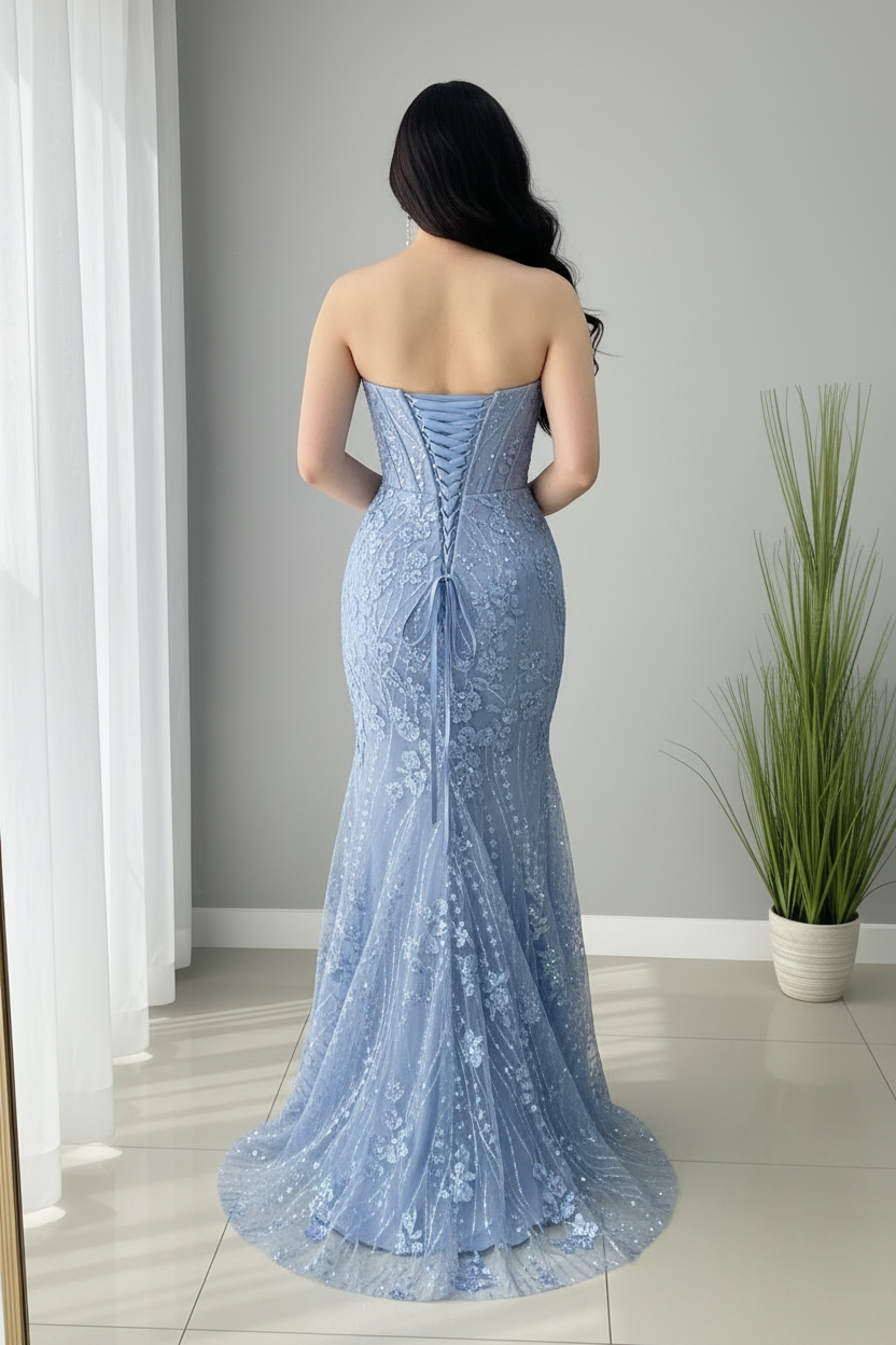 Vestido Azul Cielo Sirena Strapless Encaje Floral Bordado cod.V686
