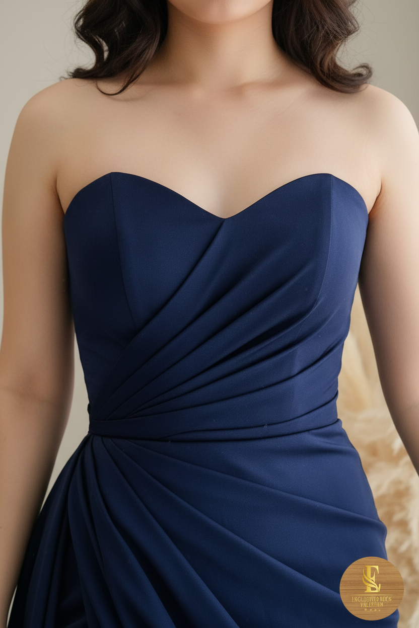 Vestido Azul Marino Strapless Drapeado Abertura Lateral Cola Satín cod.00111