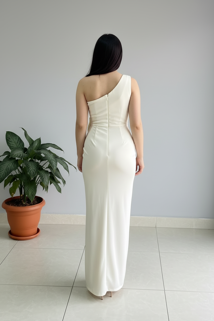 Vestido Formal Blanco Un Hombro con Lazo cod.495