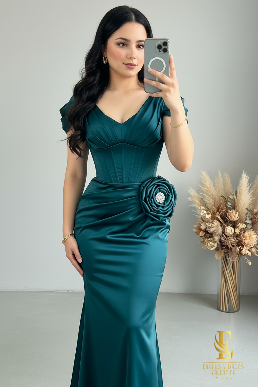 Vestido Largo Verde Azulado - Corset con Rosa D3 cod.V832