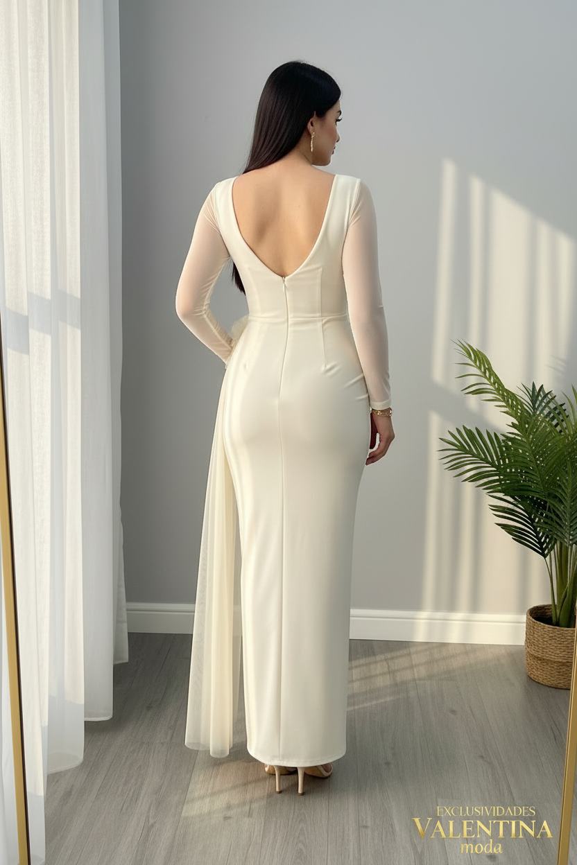 Vestido Largo Blanco Crema Flor 3D Manga Tul cod.V715