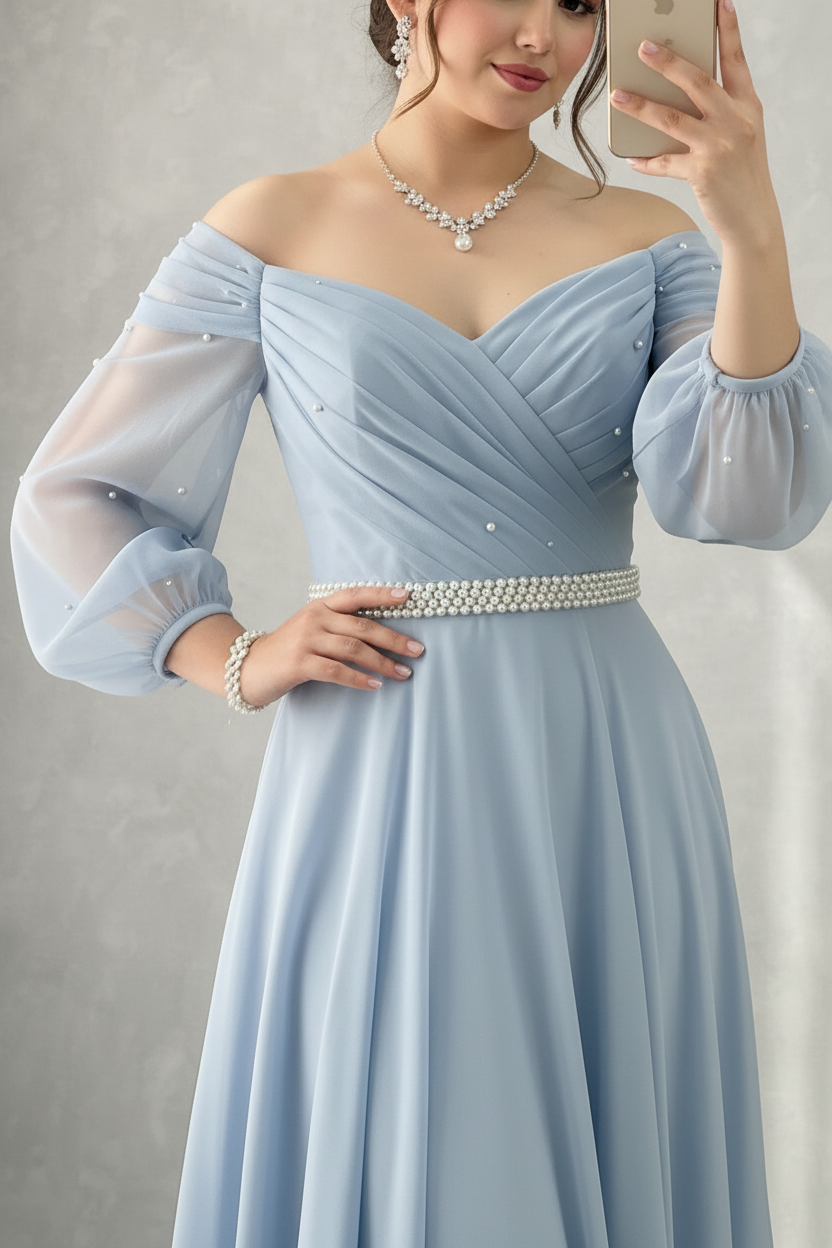 Vestido Azul Cielo Baby Blue Off-Shoulder Manga Tul Perlas Cinturon Perlas A-Line cod.838