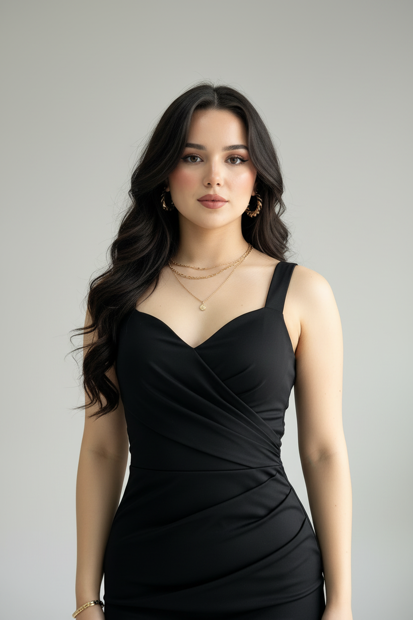 Vestido Negro Sirena con Tirantes y Drapeado cod.660
