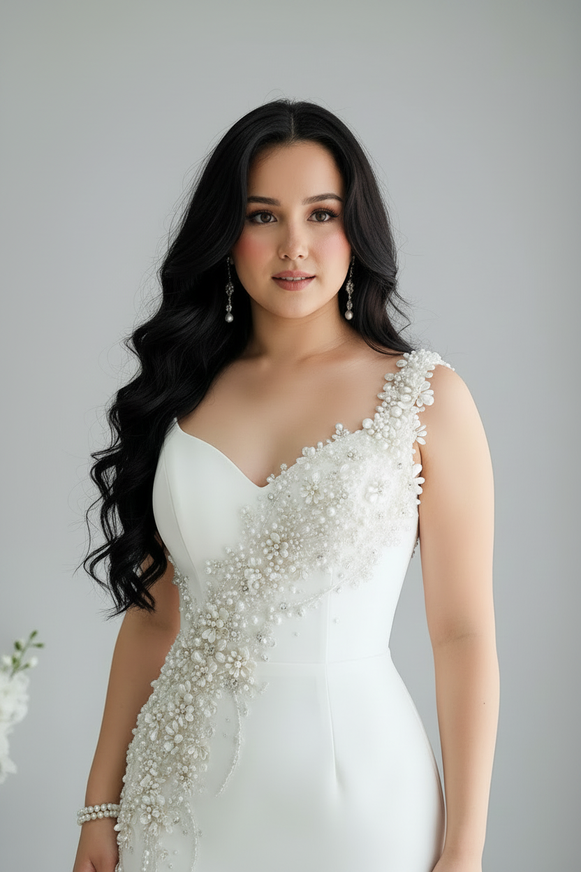 Vestido Novia Blanco Sirena con Bordado de Perlas cod.V0025