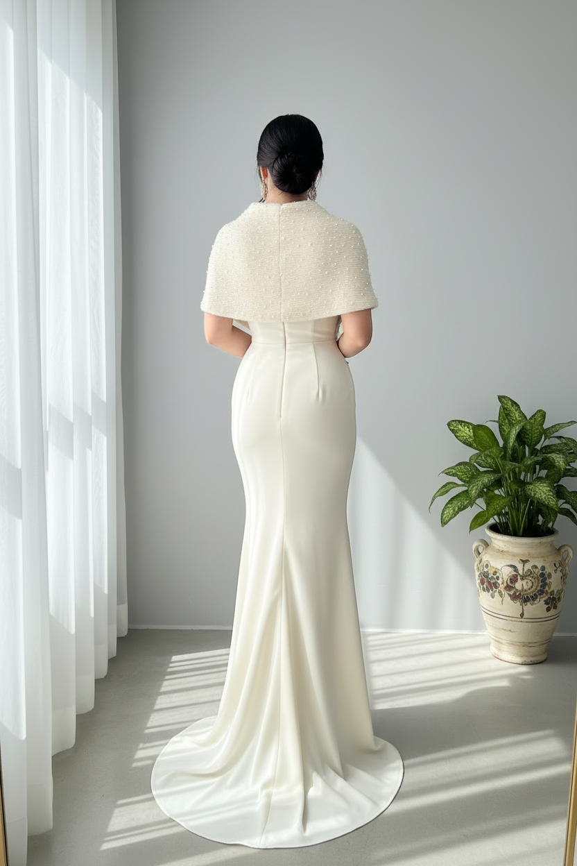 Vestido Sirena Marfil con Chalina de Perlas Exclusivo cod.799
