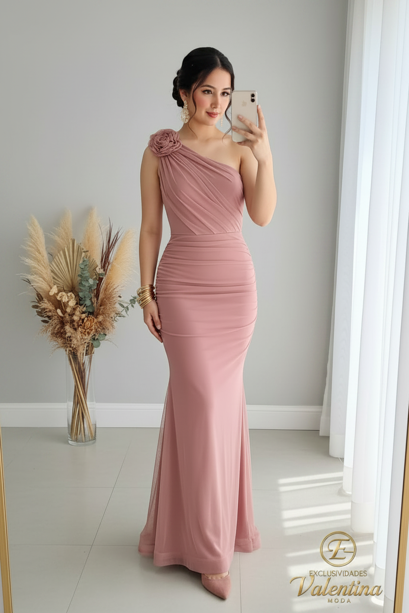Vestido Sirena Un Hombro Rosa Palo cod.V396