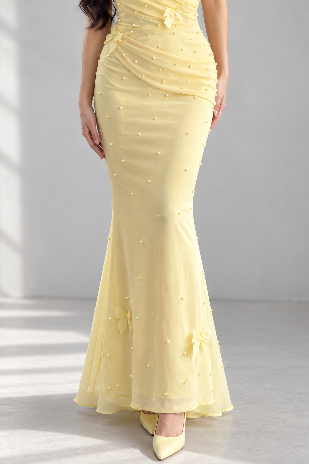 Vestido Amarillo Pastel Tul Drapeado Perlas Mariposas 3D Lazo cod.V0041