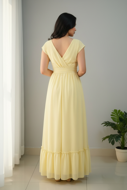 Vestido Amarillo Pastel Maxi con Escote V y Volante cod.780