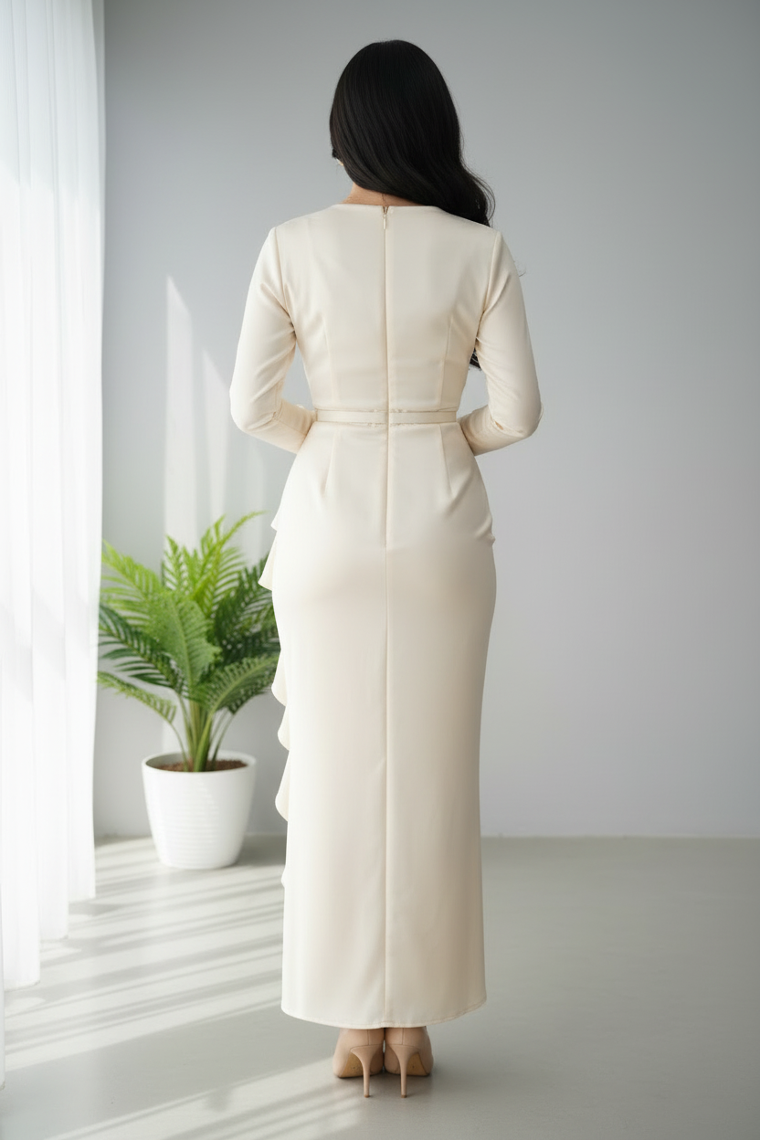 Vestido Ivory Ruffle – Gown Crema Manga Larga Escote V Cruzado con Volantes & Cinturón Dorado cod.690