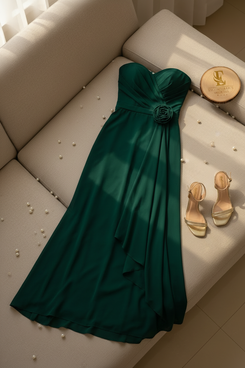 Vestido Formal Verde Esmeralda Strapless con Rosa 3D y Falda Drapeada de Gasa cod.537