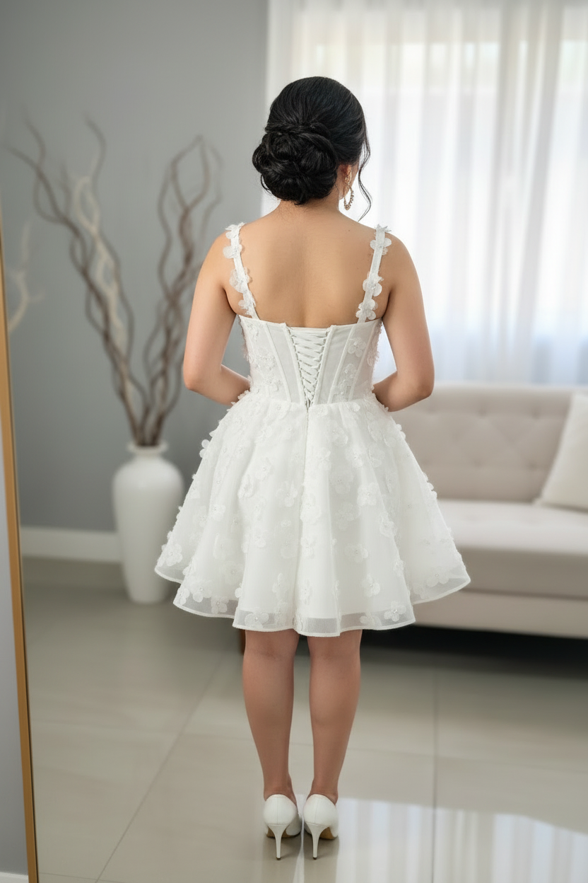 Vestido Corto Blanco Corset con Apliques Florales D cod.V598