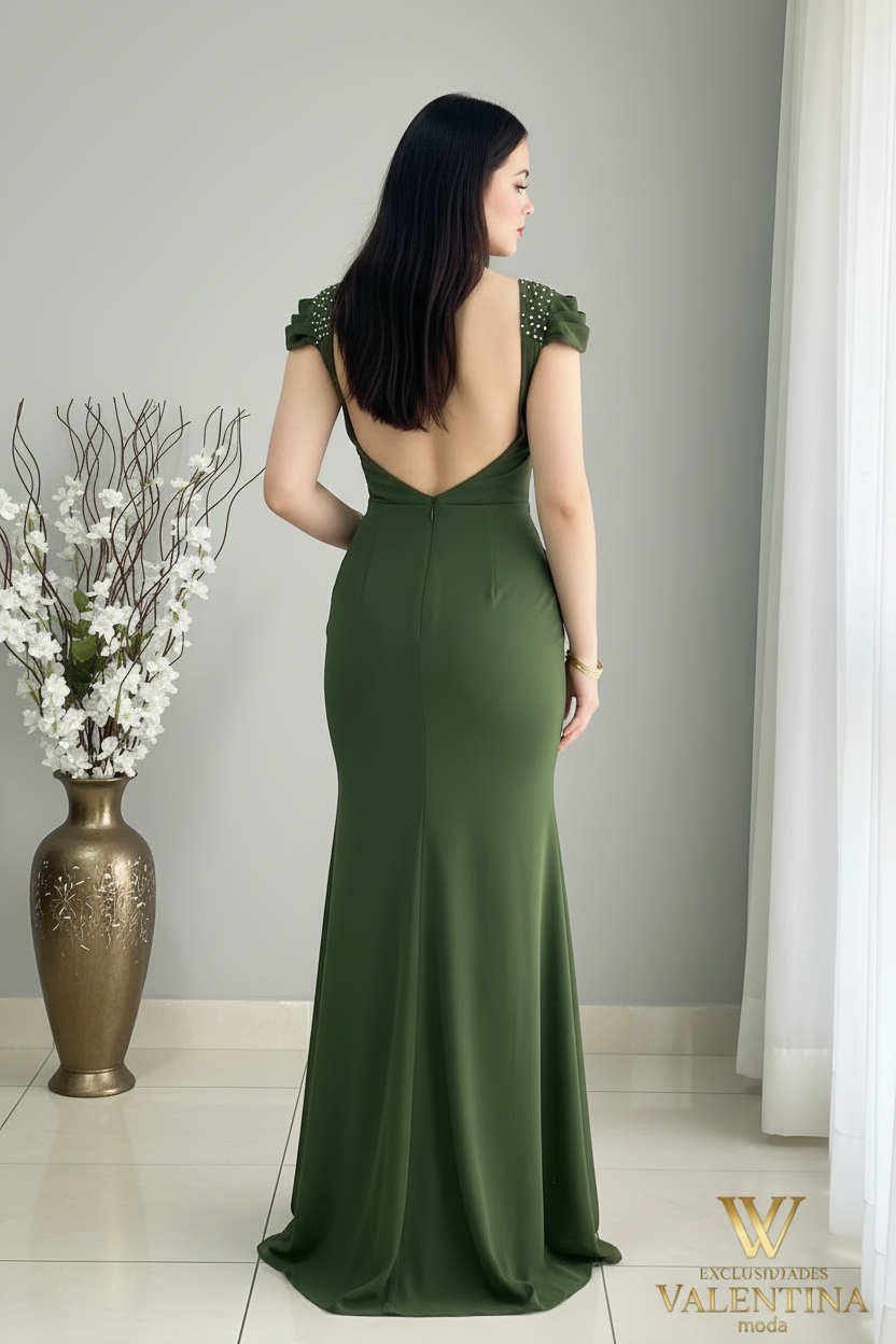Vestido Verde Olivo Sirena con Perlas y Abertura Frontal cod.V510