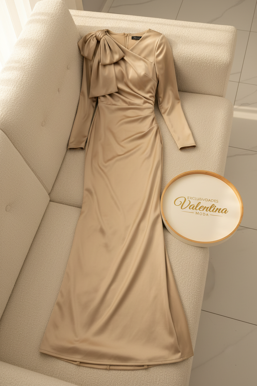 Vestido Dorado Champagne Satinado con Lazo en Hombro cod.645