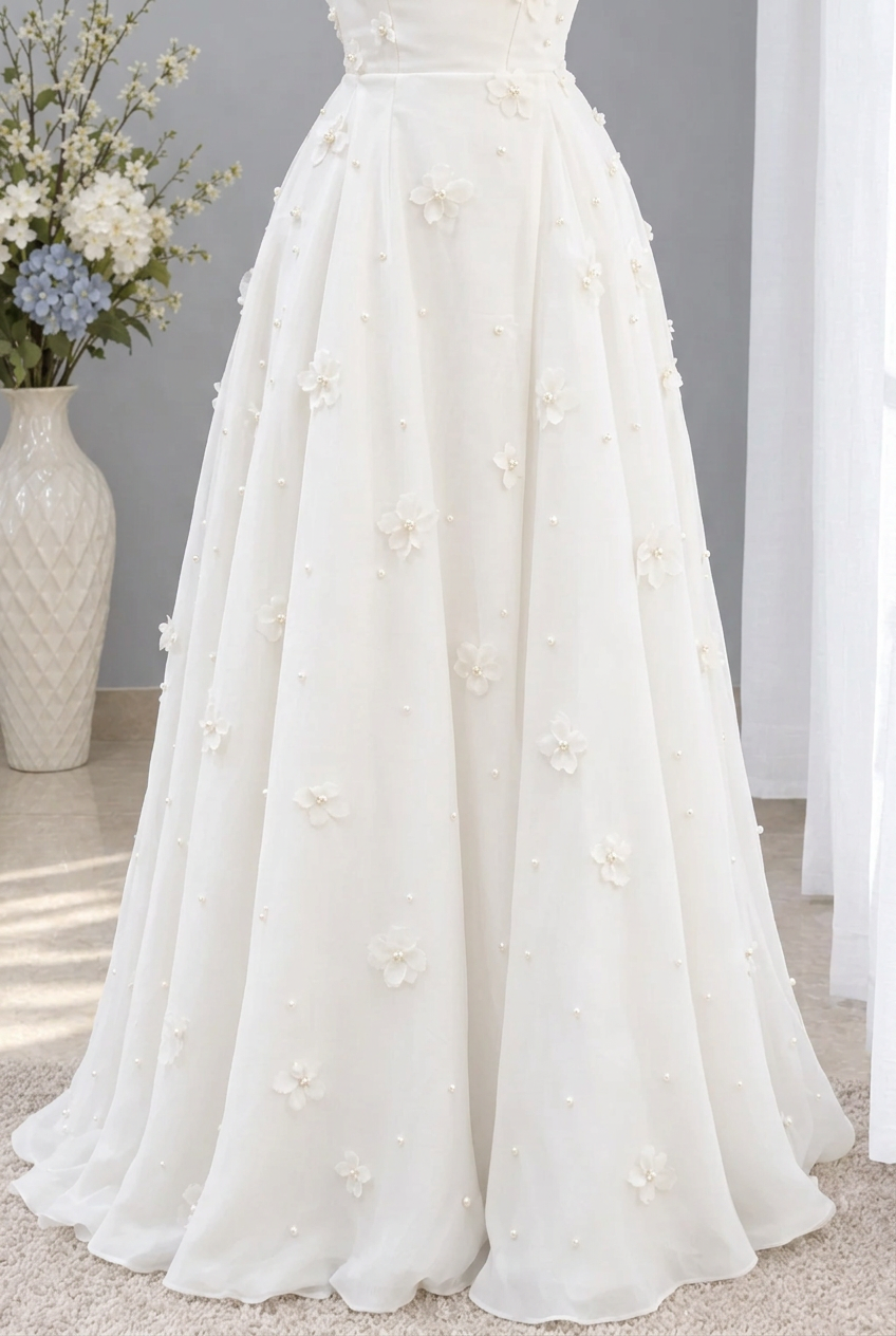 Vestido largo blanco sin tirantes con flores y pañuelo cod. VC035