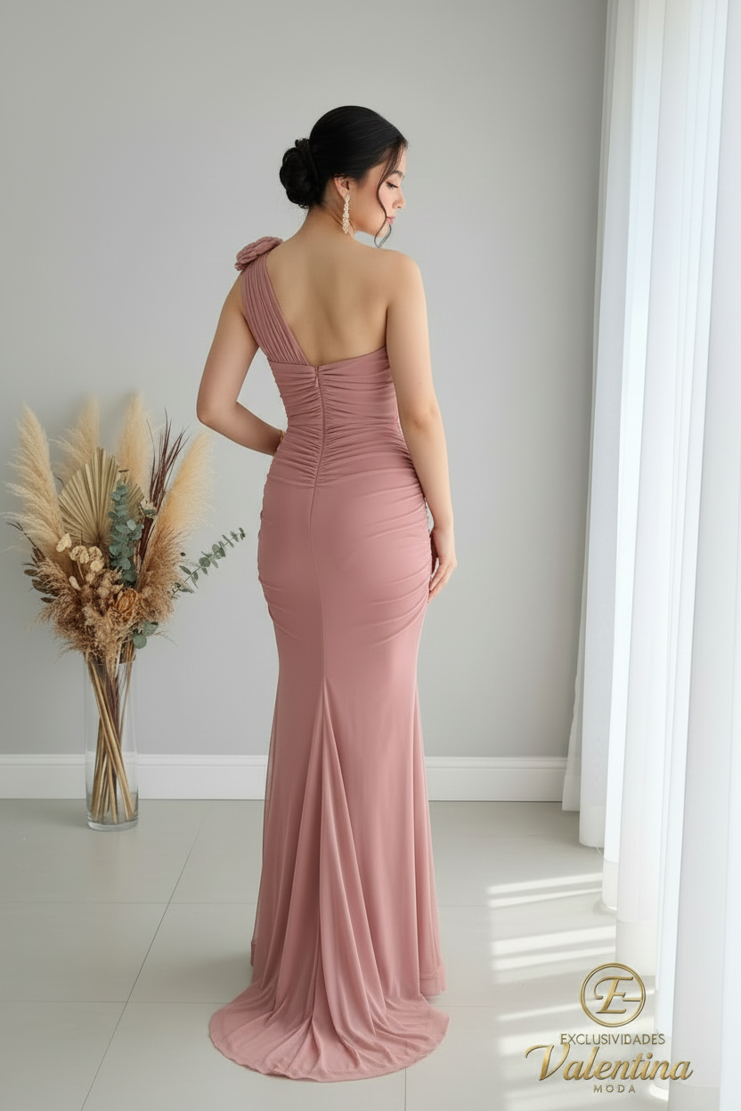 Vestido Sirena Un Hombro Rosa Palo cod.V396
