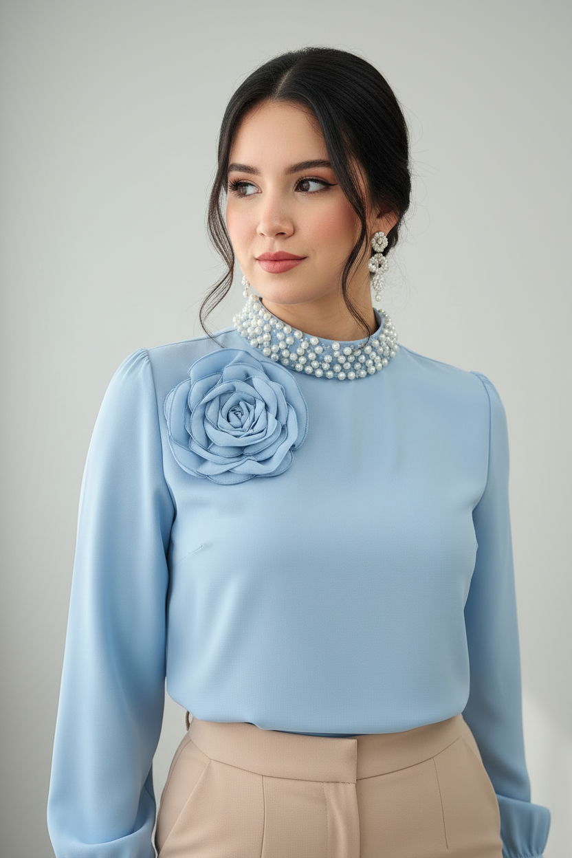 Blusa Azul Cielo — Rosa 3D & Collar de Perlas cod.863